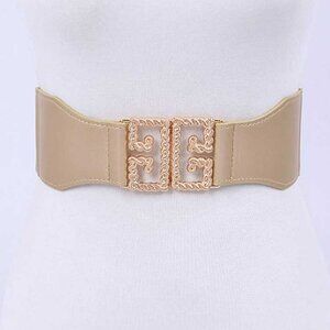 Plus Size Iconic Buckle Stretch Belt Logo Pattern- Gold